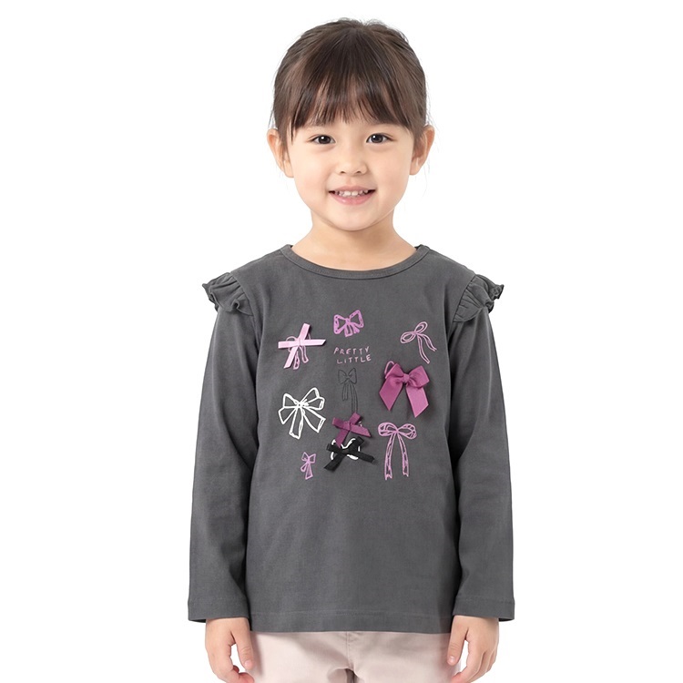 *【WEB限定】リボン付プリント肩フリル長袖Tシャツ(ブラック-110cm)