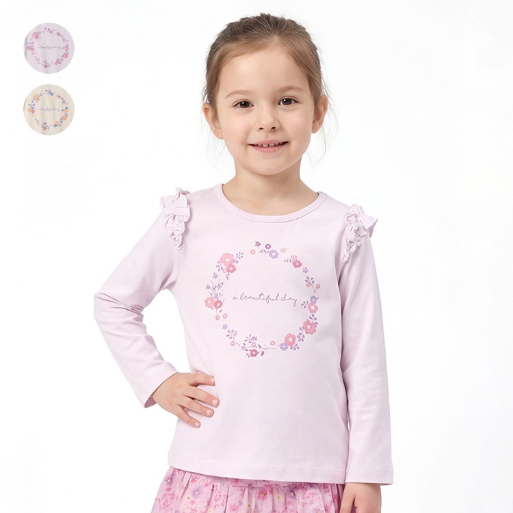 *【WEB限定】お花ロゴプリント肩フリル長袖Tシャツ