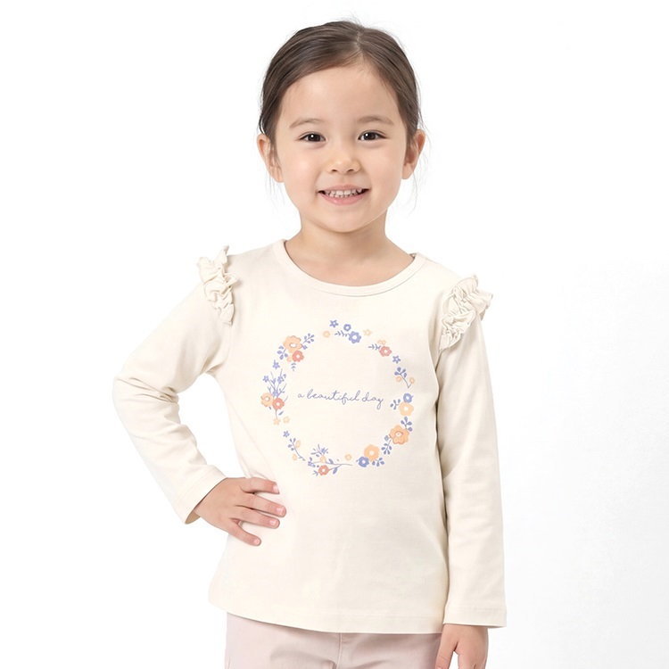 *【WEB限定】お花ロゴプリント肩フリル長袖Tシャツ(ベージュ-110cm)