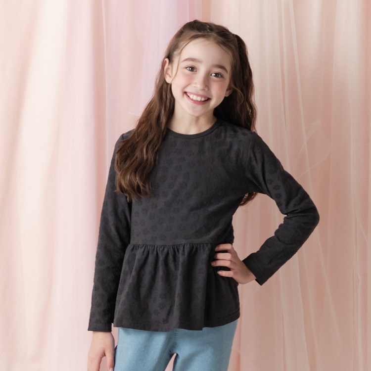 *お花柄ジャガード長袖Tシャツ(ブラック-120cm)