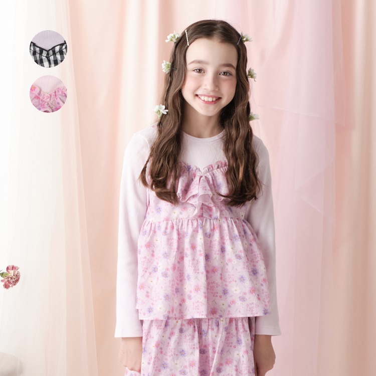 チェック・花柄キャミ付長袖Tシャツ