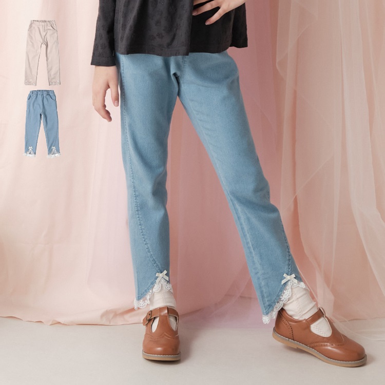 *裾リボンツイル・デニムロングパンツ