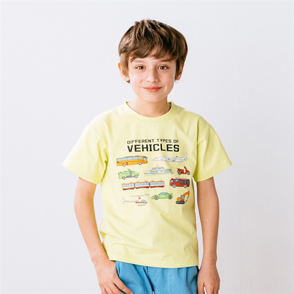 働く車プリント半袖Tシャツ(イエローグリーン-80cm)