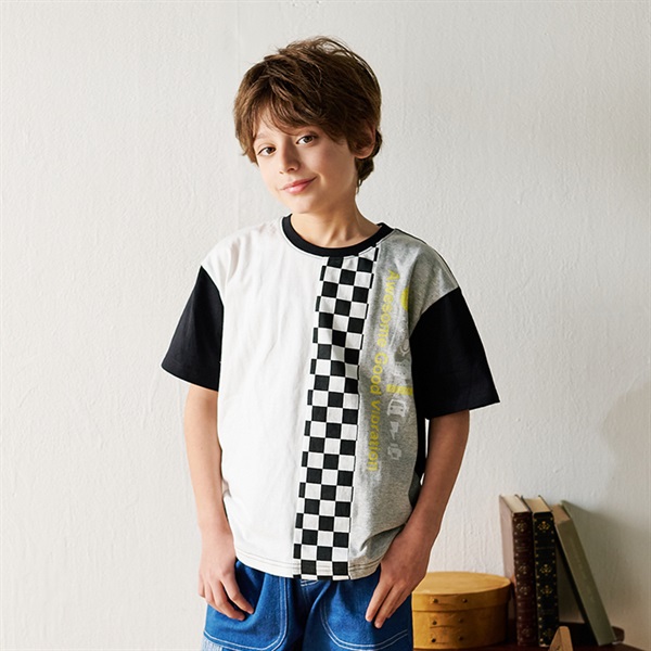 縦切替ロゴプリント半袖Tシャツ(ブラック-80cm)
