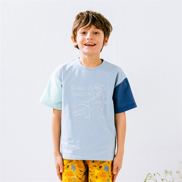 恐竜刺繍半袖Tシャツ(ライトブルー-80cm)
