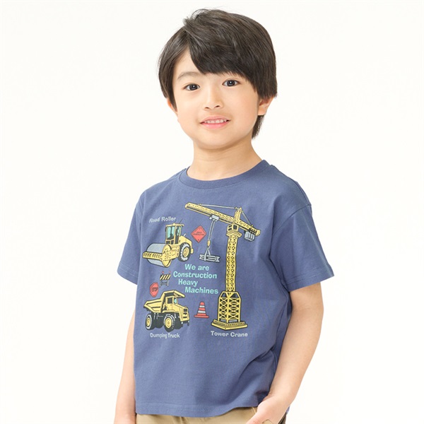 働く車プリント半袖Tシャツ(ネイビー-80cm)