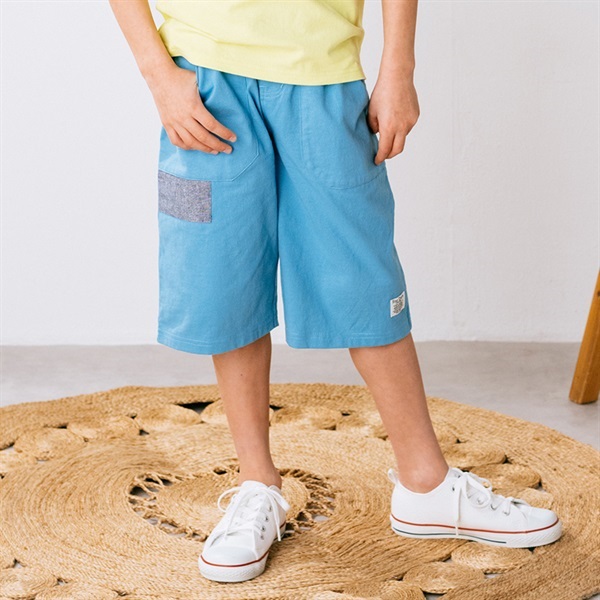 ストライプ・無地6分丈ハーフパンツ(ターコイズ無地-90cm)