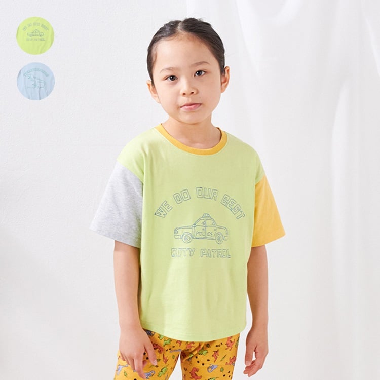 車・恐竜刺繍半袖Tシャツ