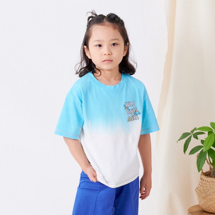 恐竜プリントタイダイ半袖Tシャツ(ブルー-80cm)