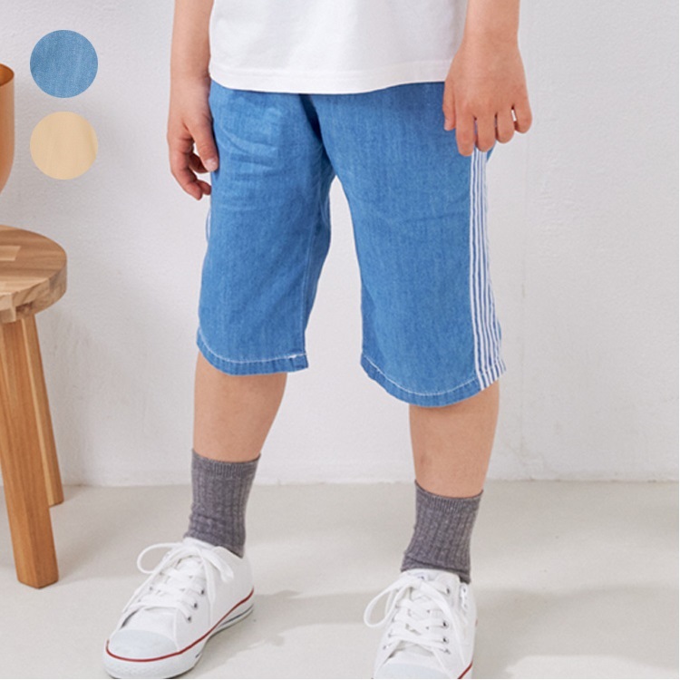 *脇ストライプデニム・ダンプ6分丈ハーフパンツ