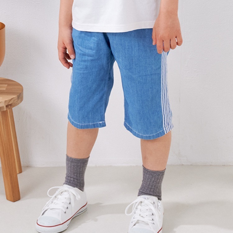 脇ストライプデニム・ダンプ6分丈ハーフパンツ(ブルー-120cm)