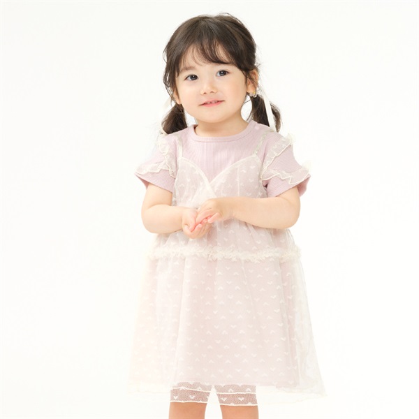チュールキャミワンピ重ね着風半袖ワンピース(ピンク-130cm)