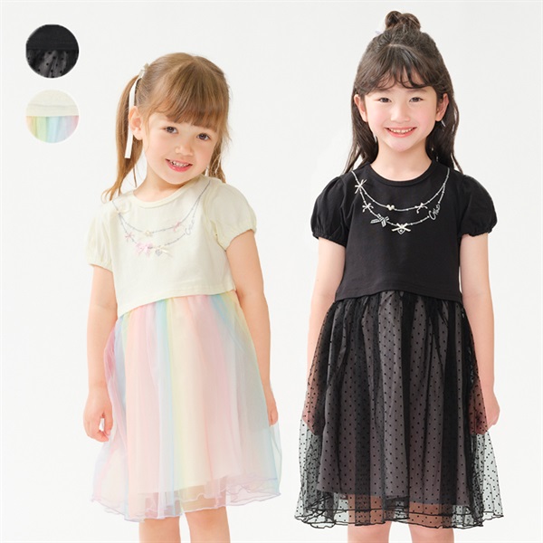 ネックレス風刺繍入りチュールスカート半袖ワンピース