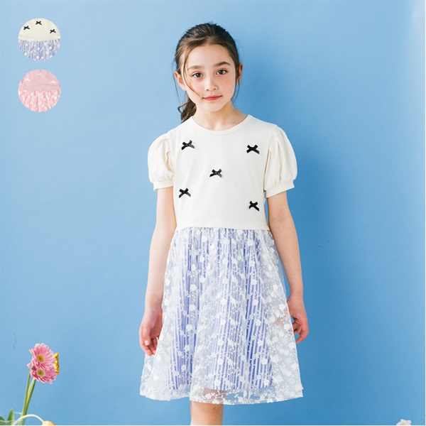 リボン付チュールスカート半袖ワンピース