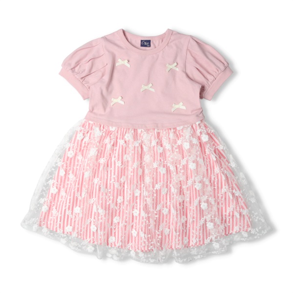 リボン付チュールスカート半袖ワンピース(ピンク-130cm)