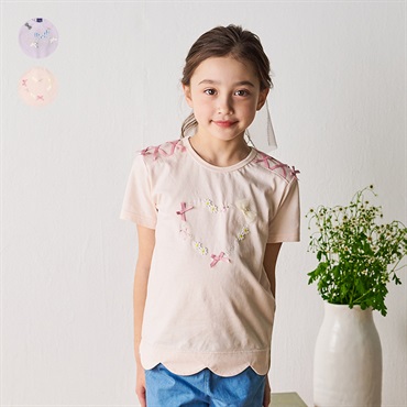 リボン付裾スカラップ半袖Tシャツ