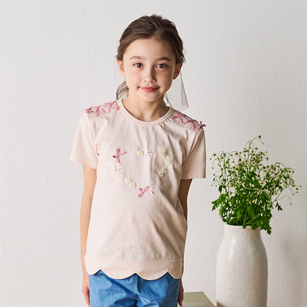 リボン付裾スカラップ半袖Tシャツ(ピンク-80cm)
