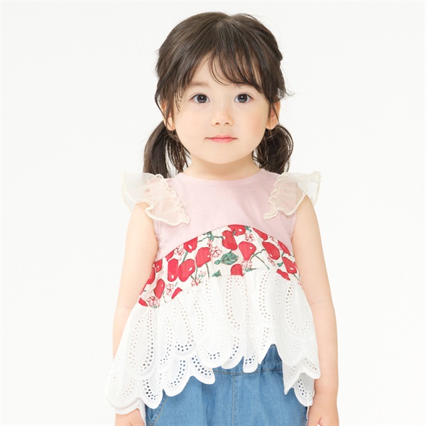 フルーツ柄・レース配色ティアードTシャツ(ピンク-80cm)