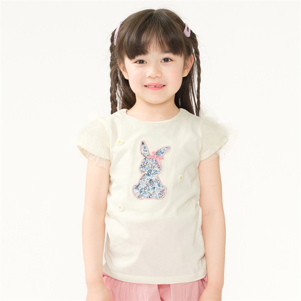 うさぎアップリケ・ネックレス風刺繍半袖Tシャツ(オフホワイト-90cm)