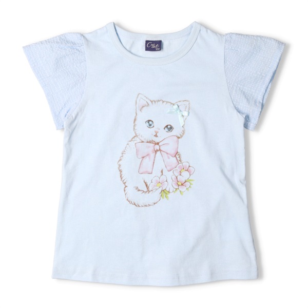 リボン付動物プリント半袖Tシャツ(サックス-80cm)