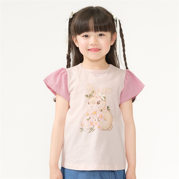 リボン付動物プリント半袖Tシャツ(ピンク-80cm)