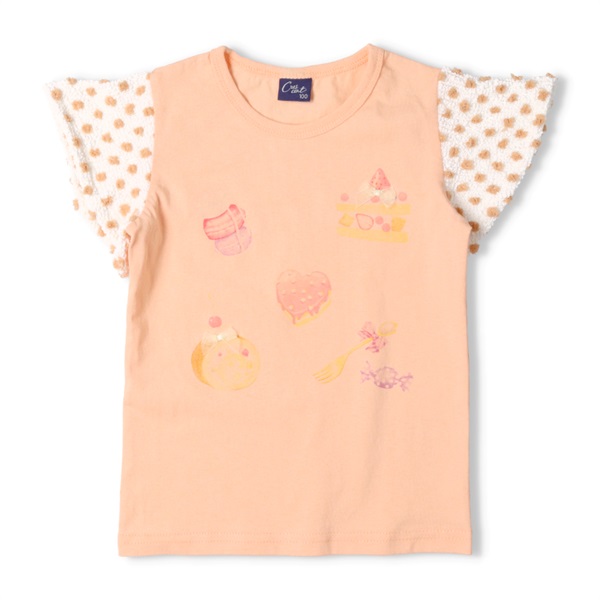 リボンモチーフ付スイーツプリント半袖Tシャツ(オレンジ-120cm)