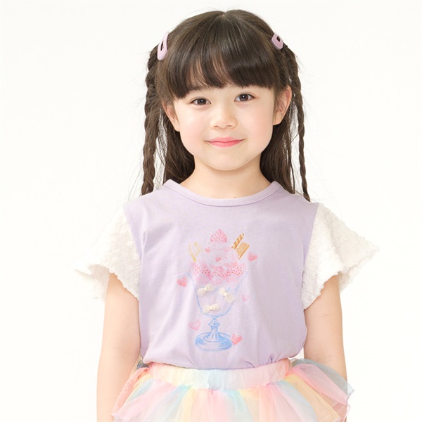 リボンモチーフ付スイーツプリント半袖Tシャツ(ラベンダー-80cm)