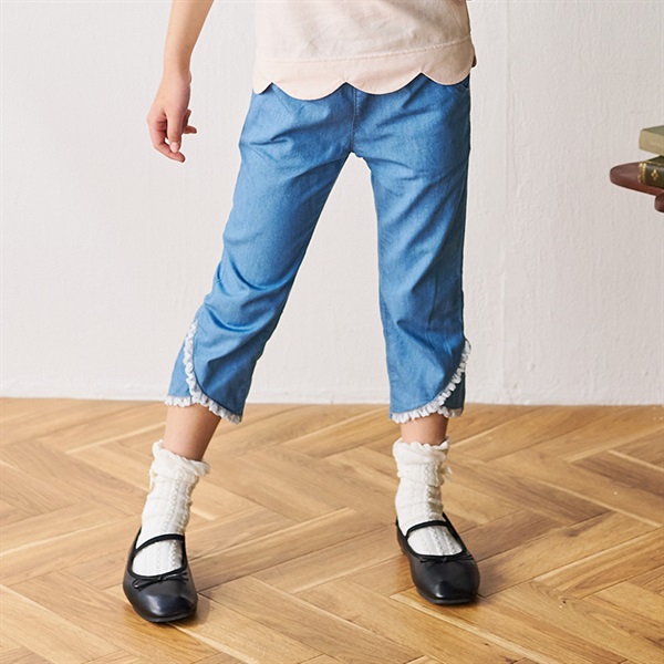 裾リボン・裾レース7分丈パンツ(ブルー-80cm)