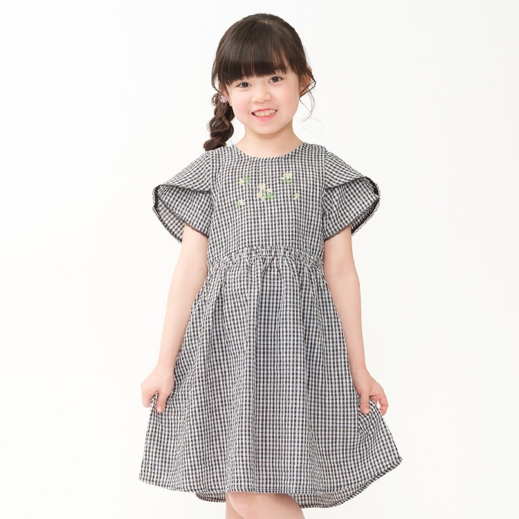 【WEB限定】お花刺繍ギンガムチェック半袖ワンピース(ブラック-120cm)