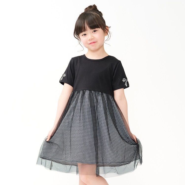 【WEB限定】チュールドッキング半袖ワンピース(ブラック-90cm)