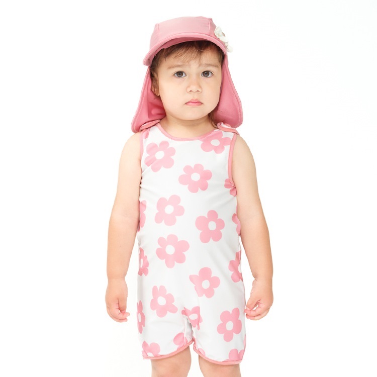 【WEB限定】お花・くまベビーグレコ水着・帽子セット(ピンク-90cm)