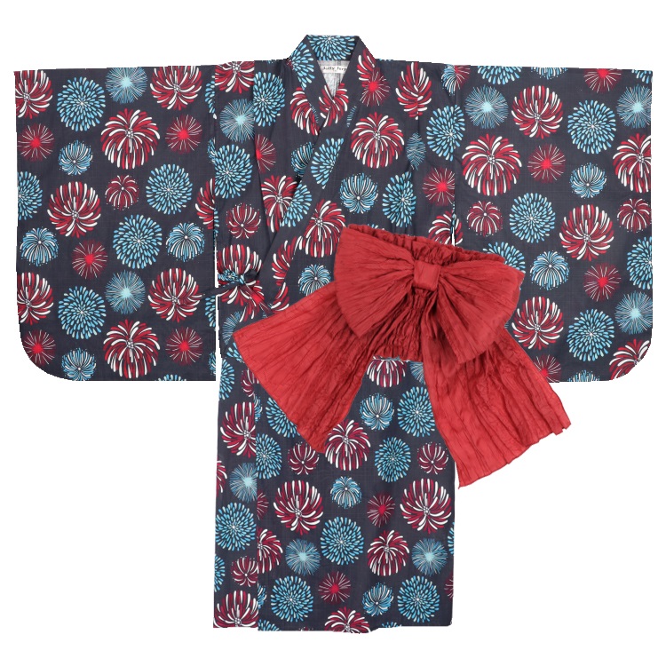 浴衣 140cm 紺地 花柄 帯付き 新品 WEB限定】【140～160cm】花火柄浴衣・帯セット 浴衣・甚平｜子供服
