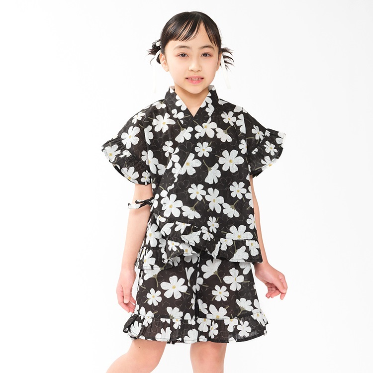 *【WEB限定】【140～160cm】お花・スイーツ・ユニコーン柄甚平(ブラック-150cm)