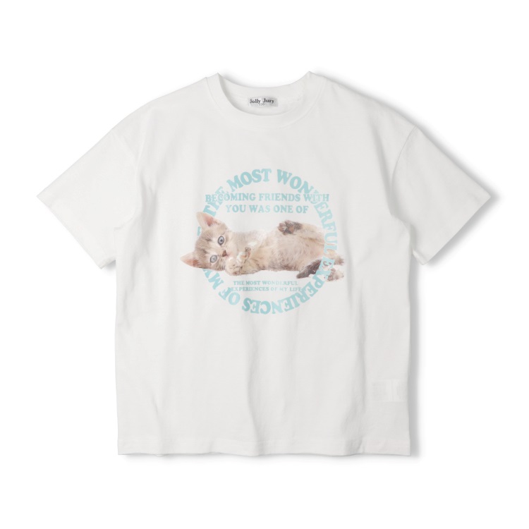 【WEB限定】【130～160cm】猫プリント半袖Tシャツ(オフホワイト-150cm)