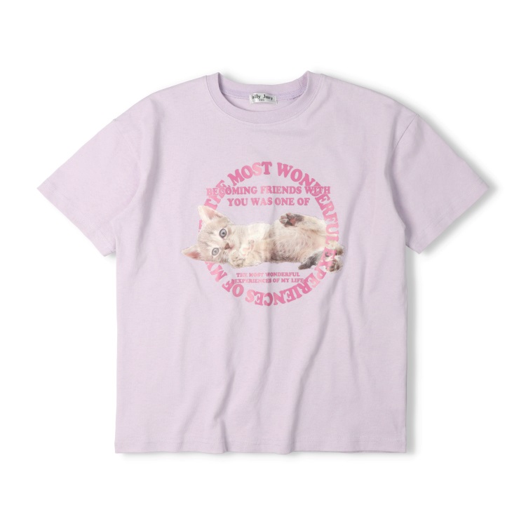 【WEB限定】【130～160cm】猫プリント半袖Tシャツ(ラベンダー-150cm)