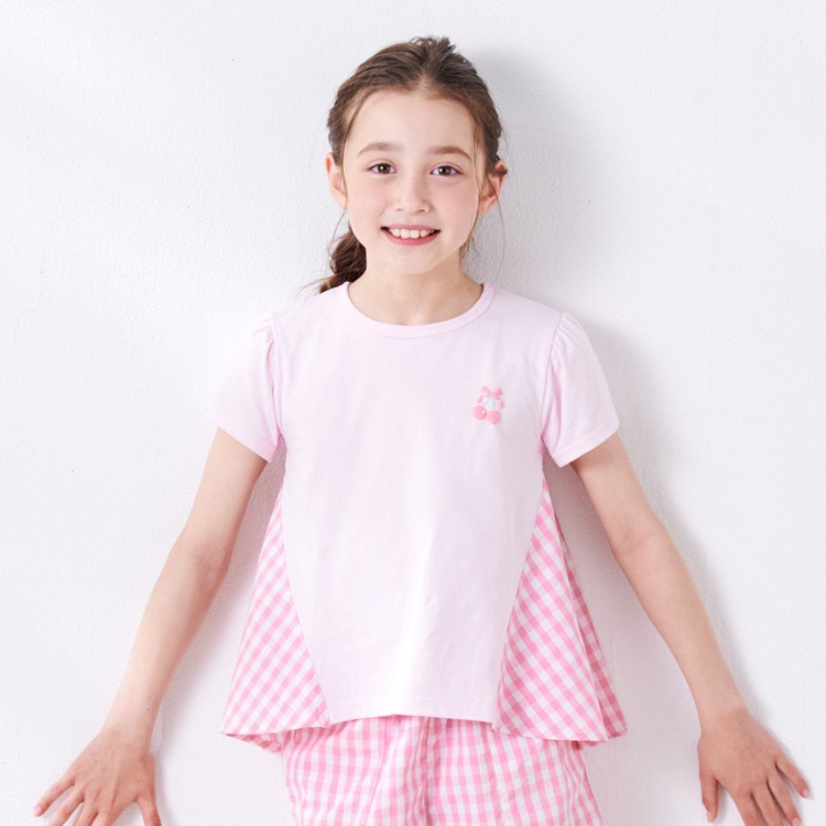 *【接触冷感】ギンガムチェック切替半袖Tシャツ(ピンク-110cm)