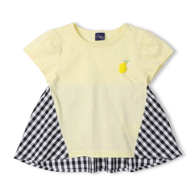 *【接触冷感】ギンガムチェック切替半袖Tシャツ(イエロー-80cm)