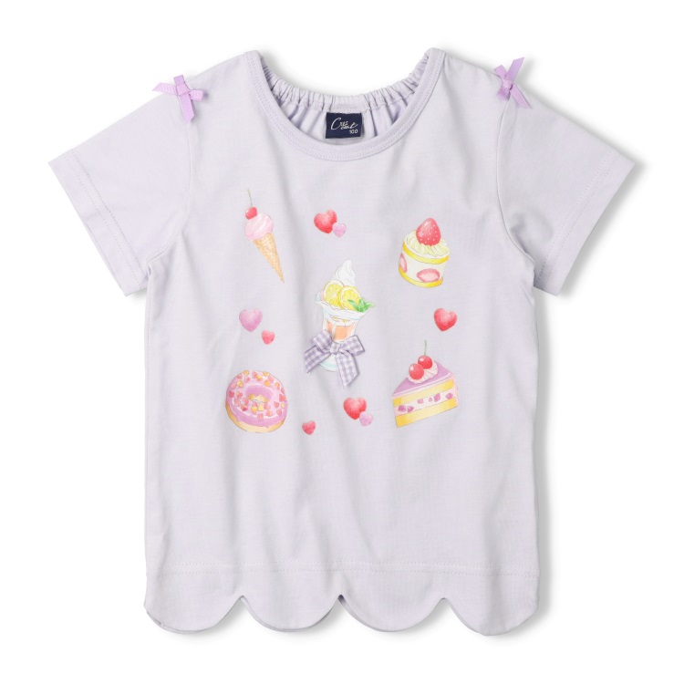 リボン付スイーツプリント半袖Tシャツ(ラベンダー-130cm)