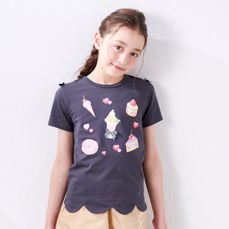 リボン付スイーツプリント半袖Tシャツ(スミブラック-130cm)