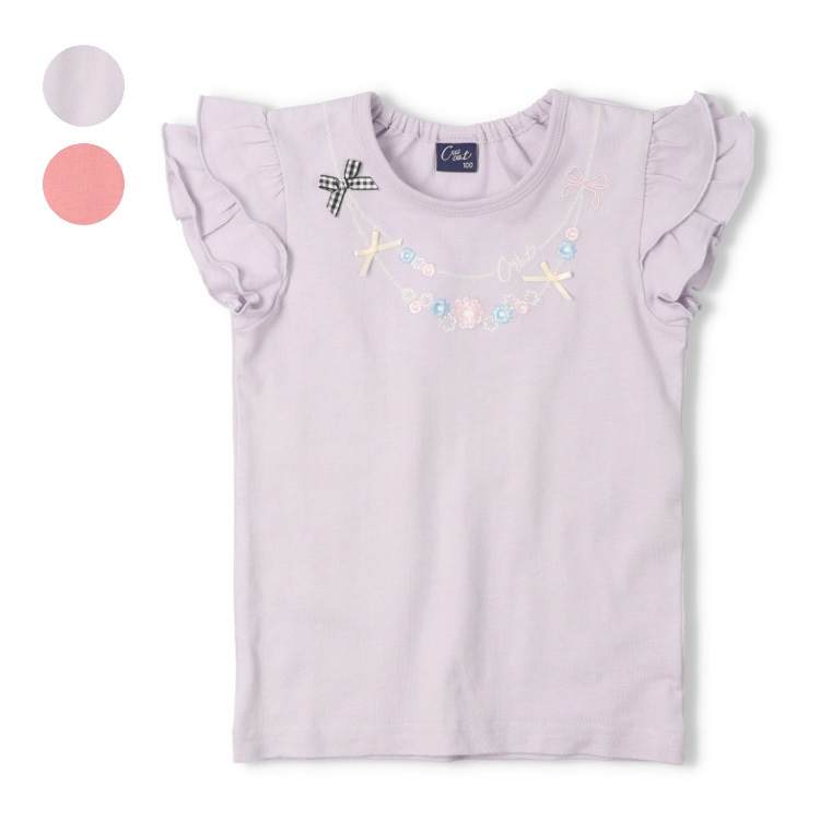 ネックレス刺繍フリル袖半袖Tシャツ