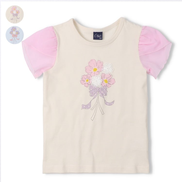 お花モチーフ袖シフォン半袖Tシャツ