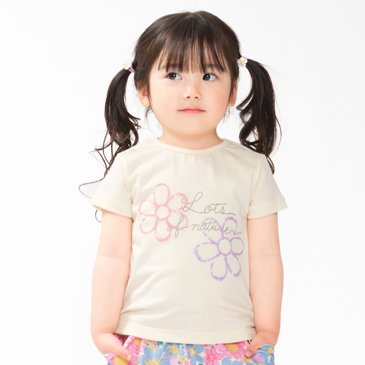 【WEB限定】お花刺繍半袖Tシャツ(オフホワイト-120cm)