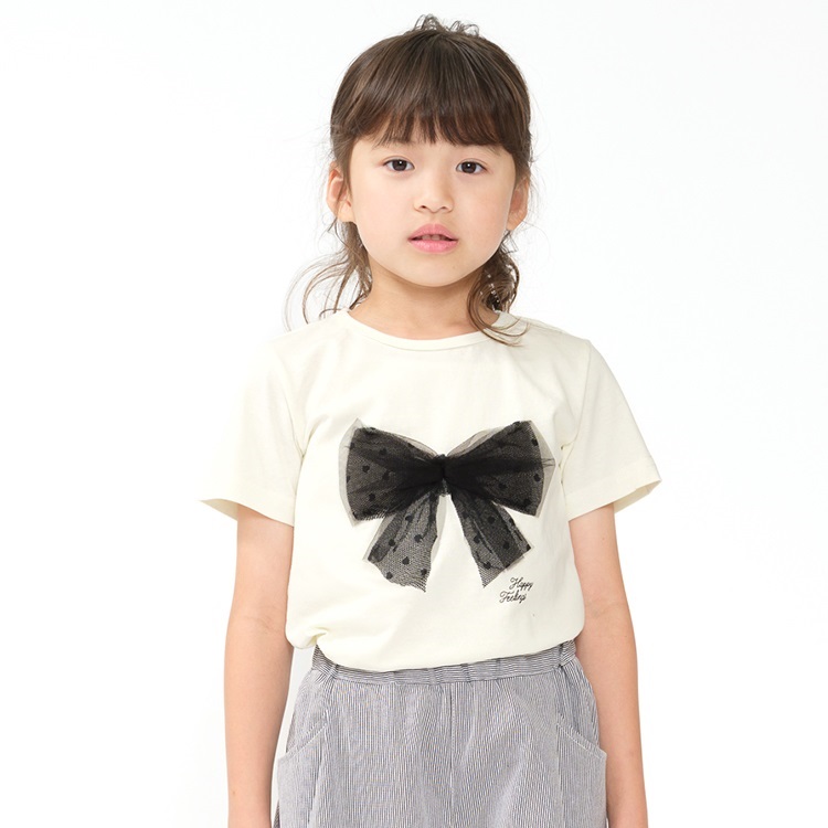 *【WEB限定】チュールリボン付半袖Tシャツ(オフホワイト-100cm)