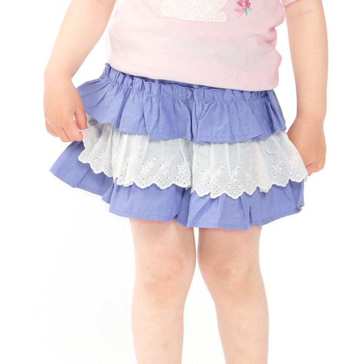 3段フリル3分丈ショートパンツ(ブルー-140cm)