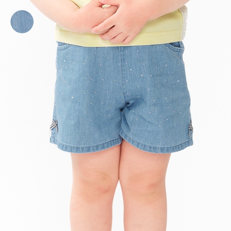 リボン付ラインストーンデニムショートパンツ