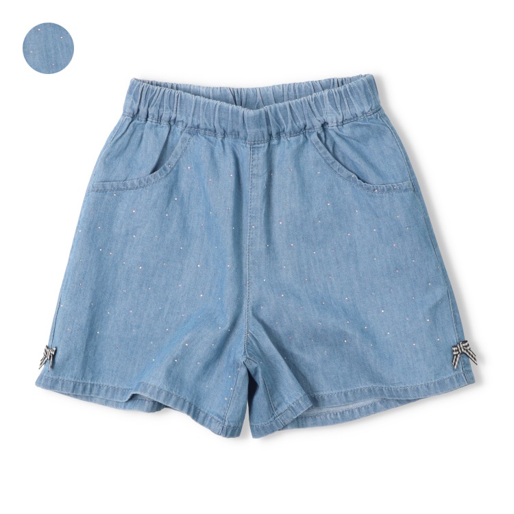 リボン付ラインストーンデニムショートパンツ