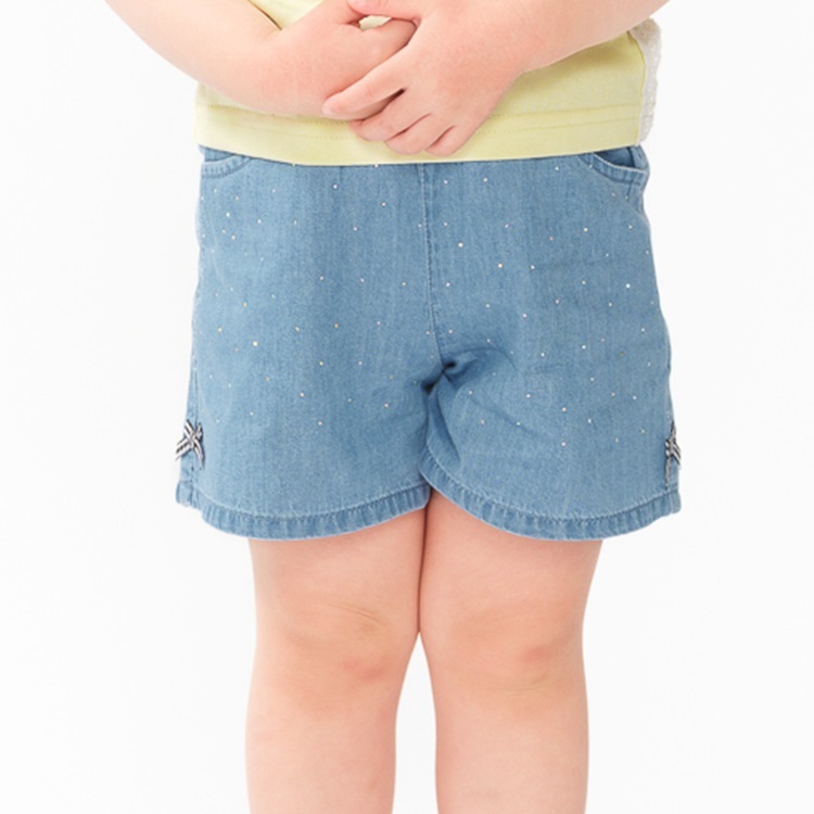 リボン付ラインストーンデニムショートパンツ(ブルー-80cm)