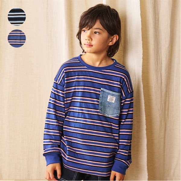 接結ボーダー胸ポケット付き長袖Tシャツ・ロンT 長袖Tシャツ｜子供服 
