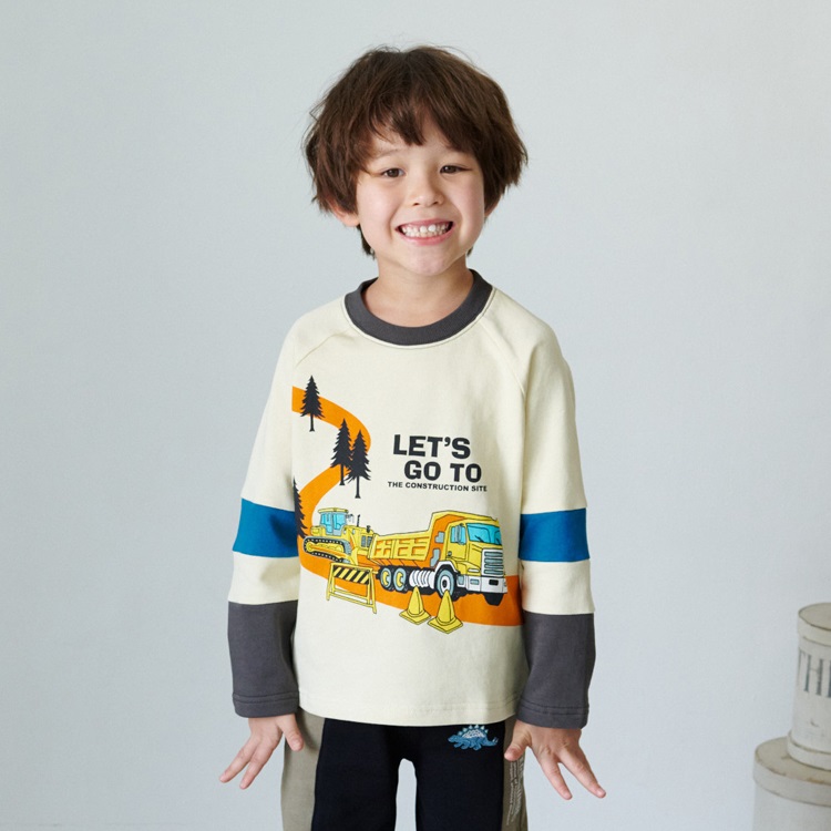 *車プリント裏毛トレーナー(アイボリー-80cm)