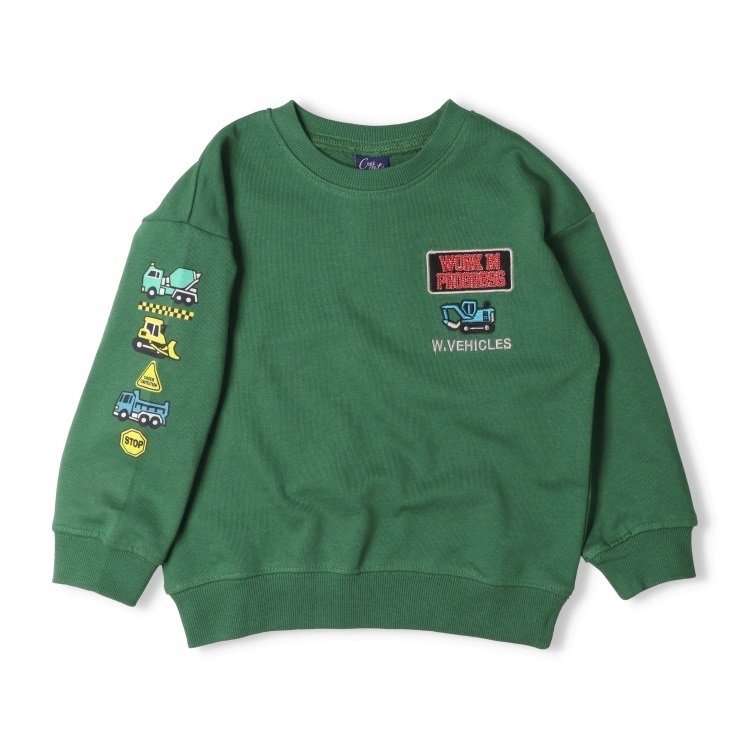 働く車・恐竜アップリケ裏毛トレーナー(グリーン-100cm)